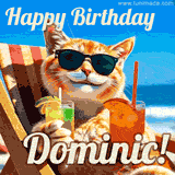 A cheerful cat wearing sunglasses, enjoying drinks on a sunny beach chair, with the text 'Happy Birthday Dominic!' in bright letters.