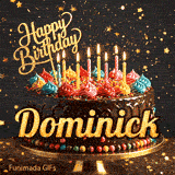 Shimmering gold stars and bokeh lights surround a chocolate drip cake personalized with the name Dominick.