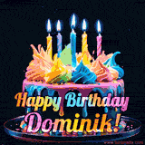 A vibrant animated GIF featuring a colorful rotating birthday cake with bright frosting swirls, glowing candles, and the text 'Happy Birthday Dominik!' in rainbow colors.