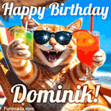 A cheerful cat wearing sunglasses, enjoying drinks on a sunny beach chair, with the text 'Happy Birthday Dominik!' in bright letters.
