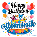 Vibrant balloons and fluttering butterflies on a flower-themed birthday cake animated GIF for Dominik.