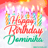 Bright birthday candles with rainbow flames on a cake, alongside the text 'Happy Birthday Dominika' in vibrant script in this celebratory animated GIF.