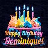 A vibrant animated GIF featuring a colorful rotating birthday cake with bright frosting swirls, glowing candles, and the text 'Happy Birthday Dominique!' in rainbow colors.