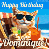 A cheerful cat wearing sunglasses, enjoying drinks on a sunny beach chair, with the text 'Happy Birthday Dominique!' in bright letters.