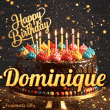 Chocolate cake with colorful icing swirls on top and the name Dominique written on the chocolate frosting under lit candles.