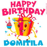 A vibrant and funny gift box character with a happy face dancing with a cupcake and the text 'Happy Birthday Domitila,' surrounded by animated confetti and party vibes.