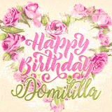 A stunning heart made of pink roses surrounds the elegant script text 'Happy Birthday Domitilla' on a soft beige background. Animated sparkles add a magical and festive feel.
