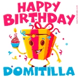 A vibrant and funny gift box character with a happy face dancing with a cupcake and the text 'Happy Birthday Domitilla,' surrounded by animated confetti and party vibes.