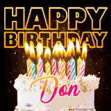A vibrant animated GIF featuring a delicious birthday cake topped with glowing candles and the name 'Don' in elegant script, and the words 'Happy Birthday' on the black background.