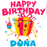 A vibrant and funny gift box character with a happy face dancing with a cupcake and the text 'Happy Birthday Dona,' surrounded by animated confetti and party vibes.