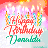Bright birthday candles with rainbow flames on a cake, alongside the text 'Happy Birthday Donalda' in vibrant script in this celebratory animated GIF.