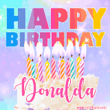 A vibrant animated name GIF with the words 'Happy Birthday Donalda' with colorful candles on a creamy cake. The background sparkles with pastel shades, adding a festive touch.
