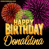 A golden 'Happy Birthday Donaldina' message with vibrant fireworks in the background, creating a festive and celebratory vibe in this animated name GIF.