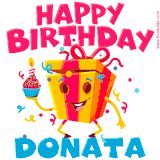 A vibrant and funny gift box character with a happy face dancing with a cupcake and the text 'Happy Birthday Donata,' surrounded by animated confetti and party vibes.