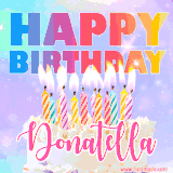 A vibrant animated name GIF with the words 'Happy Birthday Donatella' with colorful candles on a creamy cake. The background sparkles with pastel shades, adding a festive touch.