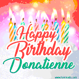 Bright birthday candles with rainbow flames on a cake, alongside the text 'Happy Birthday Donatienne' in vibrant script in this celebratory animated GIF.
