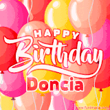 A vibrant name GIF featuring colorful balloons in shades of pink, orange, and yellow with the bold text 'Happy Birthday Doncia' in festive fonts, creating a lively birthday vibe.