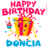 A vibrant and funny gift box character with a happy face dancing with a cupcake and the text 'Happy Birthday Doncia,' surrounded by animated confetti and party vibes.