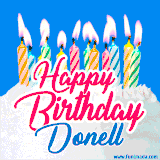 A cheerful animated GIF featuring colorful lit birthday candles on a white cake, with the text 'Happy Birthday Donell' in bold red and blue script on a bright blue background.
