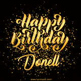Animated GIF with colorful, festive 'Happy Birthday Donell' text decorated with patterns, a party hat, and falling confetti. A vibrant and cheerful design for birthday celebrations.