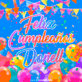 A vibrant animated GIF with 'Feliz Cumpleaños Donell' written in colorful script, surrounded by balloons, confetti, and bunting on a bright blue background.