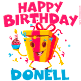 A funny animated birthday GIF with the words 'Happy Birthday Donella', colorful gift box with arms and legs, holding a cupcake with a lit candle  with confetti everywhere.
