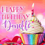 A vibrant birthday GIF featuring a rainbow-colored cupcake topped with white frosting, sprinkles, and a lit candle. The text reads 'Happy Birthday Donelle' in bold pink and violet letters with white outline.