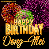 A golden 'Happy Birthday Dong-Mei' message with vibrant fireworks in the background, creating a festive and celebratory vibe in this animated name GIF.