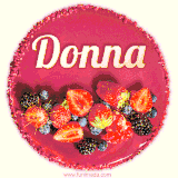 Beautifully decorated red velvet berry birthday cake with vibrant fruits and a glowing 'Donna' name, adding a touch of sweetness and sparkle.