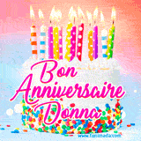 A white birthday cake covered in colorful sprinkles, topped with bright candles, and French text 'Bon Anniversaire Donna' on a pastel gradient background in an animated GIF.
