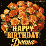 Animated bouquet of orange roses with moving butterfles and golden 'Happy Birthday Donna' text, surrounded by sparkling accents and a dark backdrop for a luxurious feel.