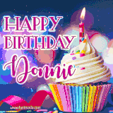 A festive animated GIF featuring a colorful cupcake with a single lit candle, sprinkles, and 'Happy Birthday Donnie' text against a sparkling, celebratory background.
