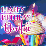 A festive animated GIF featuring a colorful cupcake with a single lit candle, sprinkles, and 'Happy Birthday Dontae' text against a sparkling, celebratory background.