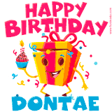 A funny animated birthday GIF with the words 'Happy Birthday Dontaea', colorful gift box with arms and legs, holding a cupcake with a lit candle  with confetti everywhere.