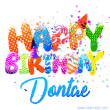 Animated GIF with colorful, festive 'Happy Birthday Dontae' text decorated with patterns, a party hat, and falling confetti. A vibrant and cheerful design for birthday celebrations.