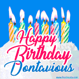 A cheerful animated GIF featuring colorful lit birthday candles on a white cake, with the text 'Happy Birthday Dontavious' in bold red and blue script on a bright blue background.