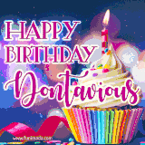 A festive animated GIF featuring a colorful cupcake with a single lit candle, sprinkles, and 'Happy Birthday Dontavious' text against a sparkling, celebratory background.