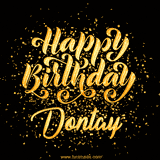 Animated GIF with colorful, festive 'Happy Birthday Dontay' text decorated with patterns, a party hat, and falling confetti. A vibrant and cheerful design for birthday celebrations.