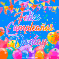 A vibrant animated GIF with 'Feliz Cumpleaños Dontay' written in colorful script, surrounded by balloons, confetti, and bunting on a bright blue background.