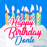 A cheerful animated GIF featuring colorful lit birthday candles on a white cake, with the text 'Happy Birthday Donte' in bold red and blue script on a bright blue background.