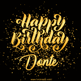 Animated GIF with colorful, festive 'Happy Birthday Donte' text decorated with patterns, a party hat, and falling confetti. A vibrant and cheerful design for birthday celebrations.