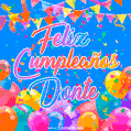 A vibrant animated GIF with 'Feliz Cumpleaños Donte' written in colorful script, surrounded by balloons, confetti, and bunting on a bright blue background.