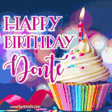 A festive animated GIF featuring a colorful cupcake with a single lit candle, sprinkles, and 'Happy Birthday Donte' text against a sparkling, celebratory background.