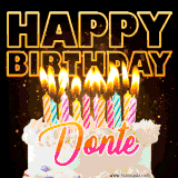 A vibrant animated GIF featuring a delicious birthday cake topped with glowing candles and the name 'Donte' in elegant script, and the words 'Happy Birthday' on the black background.