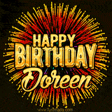 Golden 'Happy Birthday Doreen' text accompanied by animated rainbow fireworks for a festive animated greeting.