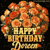 Animated bouquet of orange roses with moving butterfles and golden 'Happy Birthday Doreen' text, surrounded by sparkling accents and a dark backdrop for a luxurious feel.