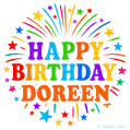 Happy Birthday Doreen' GIF with rainbow-colored letters, colorful stars, and fireworks on white background.
