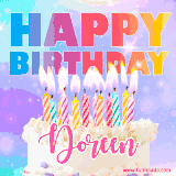 A vibrant animated name GIF with the words 'Happy Birthday Doreen' with colorful candles on a creamy cake. The background sparkles with pastel shades, adding a festive touch.