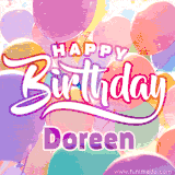 A vibrant name GIF featuring colorful balloons in shades of pink, orange, and yellow with the bold text 'Happy Birthday Doreen' in festive fonts, creating a lively birthday vibe.