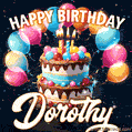 Hand-drawn happy birthday cake adorned with an arch of colorful balloons - name GIF for Dorothy